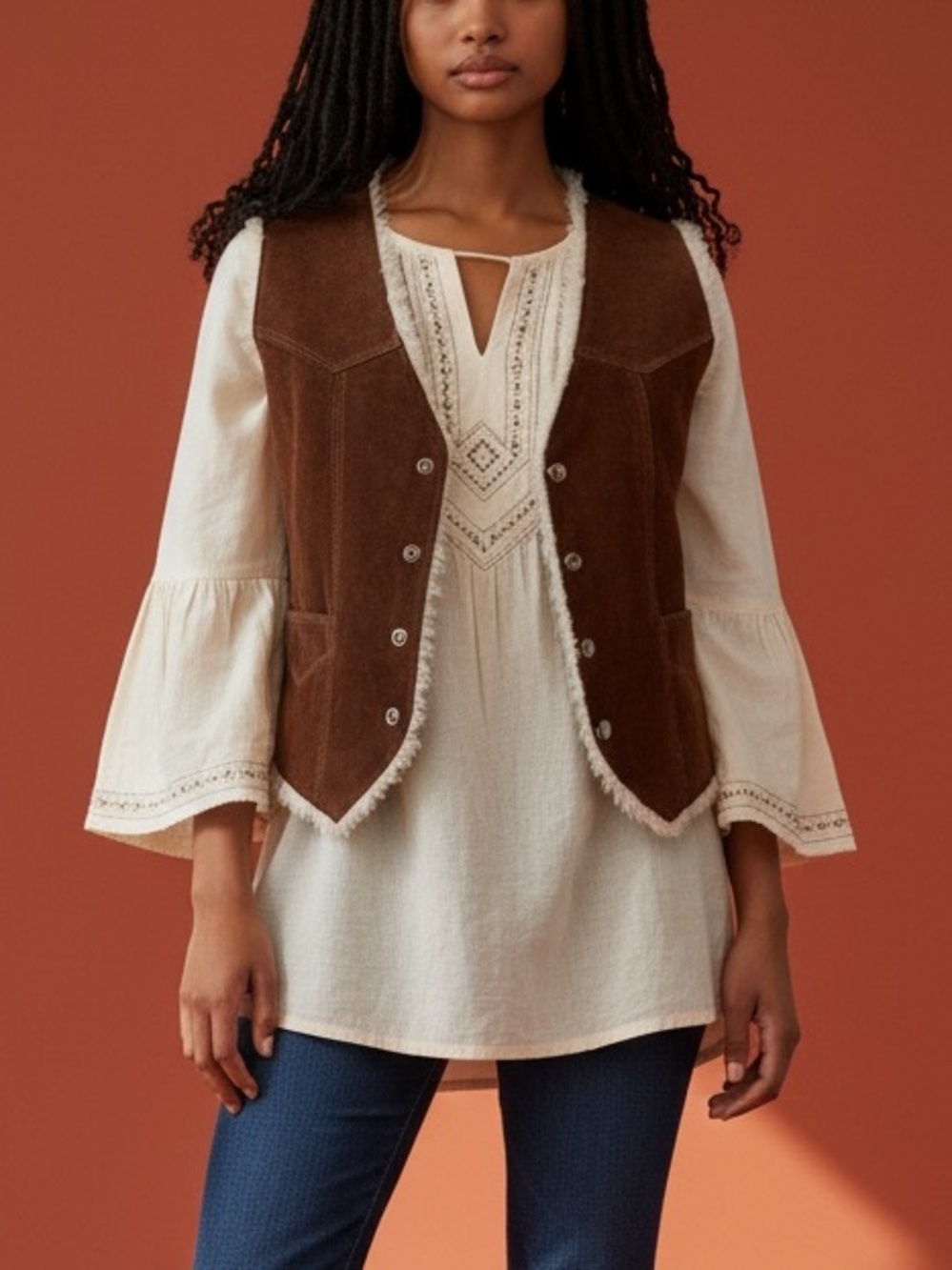Vtg 80s Western Suede Vest Faux Shearling Lined Sz XS SM Brown Boho Cowboy